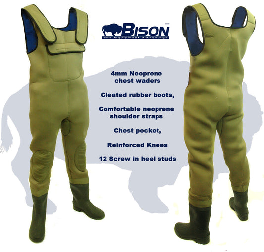 BISON 4MM NEOPRENE CHEST WADERS ALL SIZES WITH FREE STUDS.