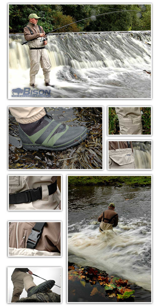 BISON BREATHABLE CHEST WADERS & FELT OR STUDDED SOLE NEOPRENE WADING  BOOTS