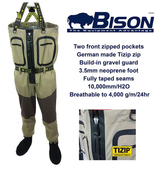 BISON BREATHABLE ZIP FRONT WADERS WITH MK2 RUBBER OR FELT SOLE WADING BOOTS