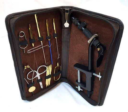 Fly Tying Vice & Tool Kit in Real Leather Travel Case